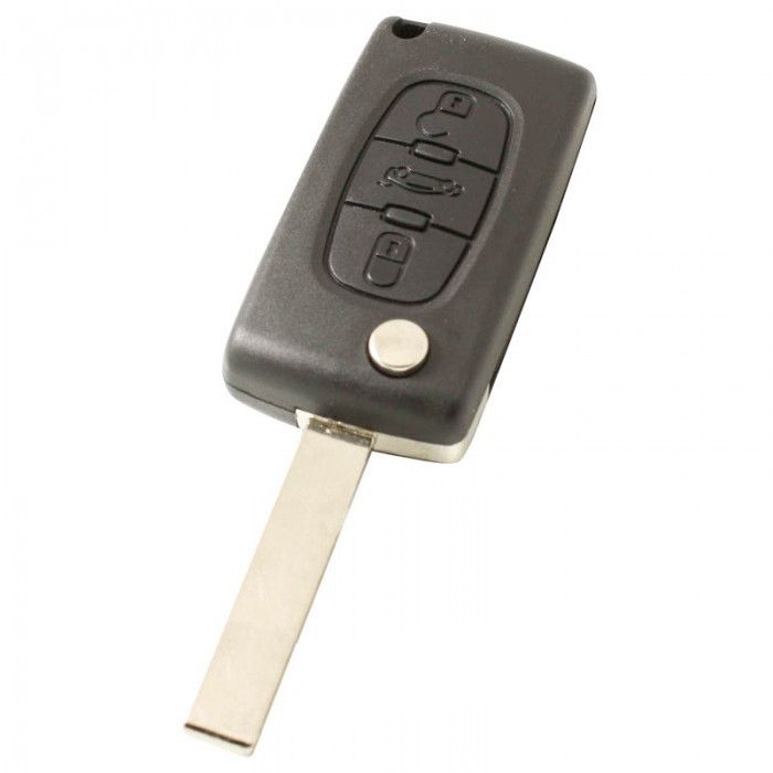 Clé pliante Citroën 3 boutons - lame de clé droite avec encoche côté avec électronique 433MHZ - transpondeur PCF7961 - batterie dans le boîtier - bouton poussoir pour le coffre main product photo